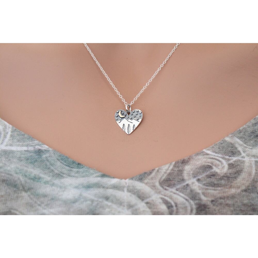 Sterling Silver Heart Charm with Mountains and Bronze Moon Necklace